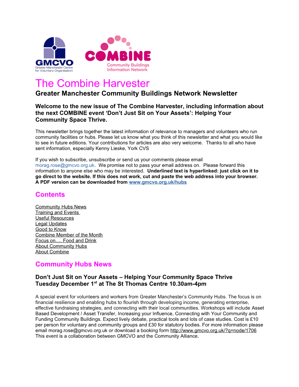 The Combine Harvester Greater Manchester Community Buildings Network Newsletter Welcome