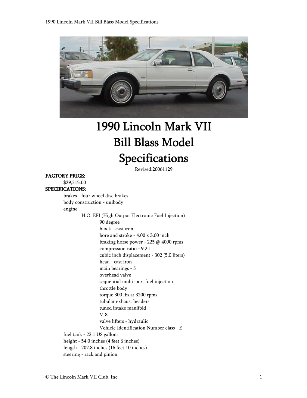 1990 Lincoln Mark VII Bill Blass Model Specifications