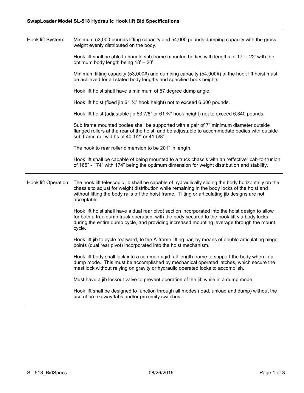 Swaploader Model SL-518 Hydraulic Hooklift Bid Specifications