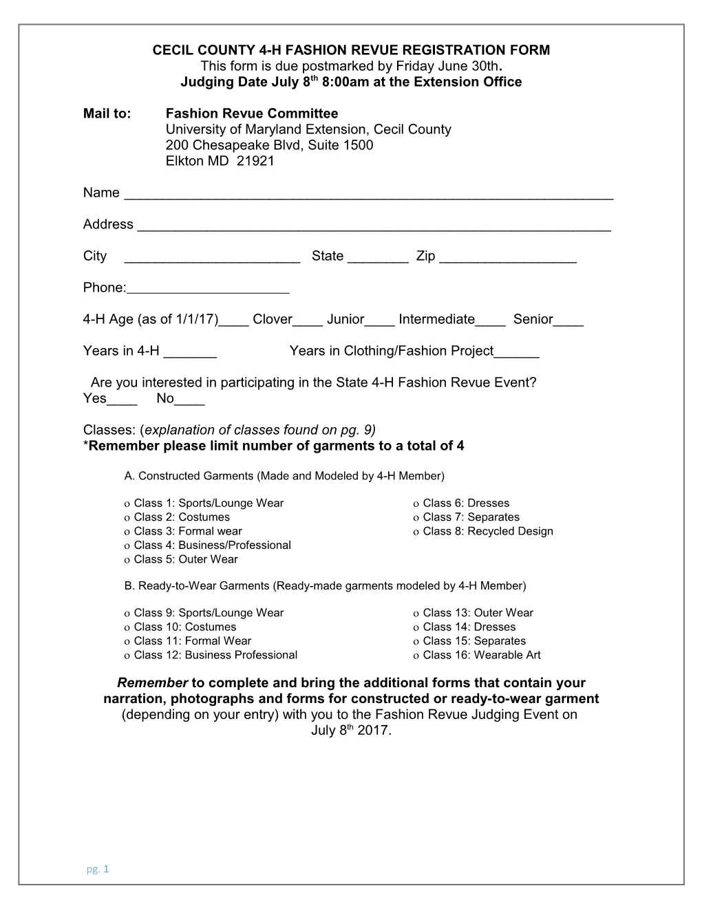 Cecil County 4-H Fashion Revue Registration Form