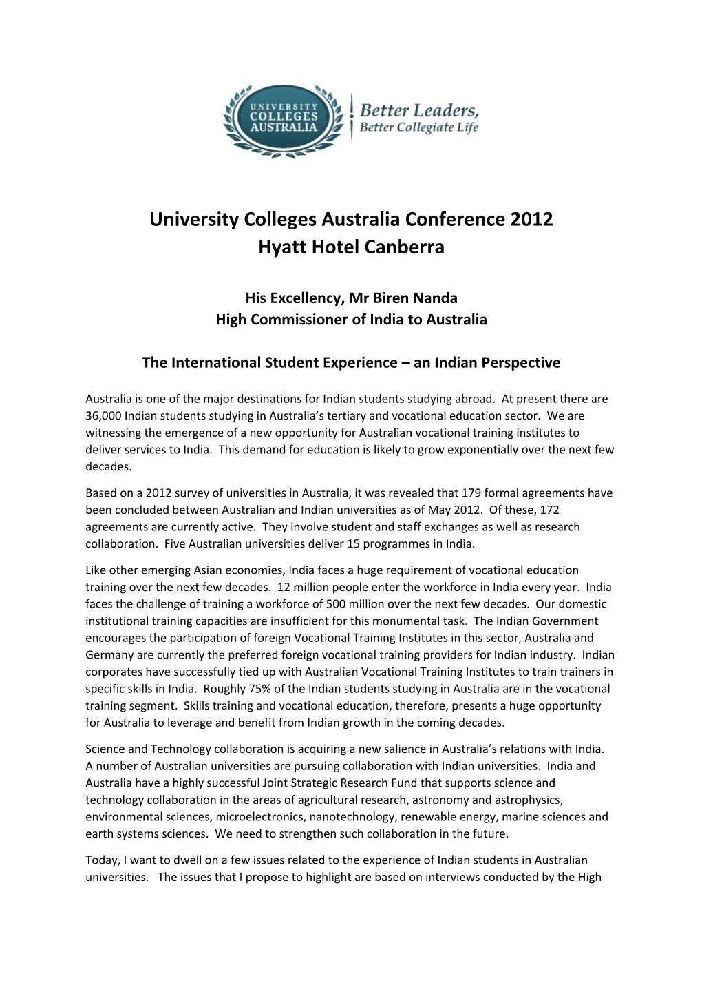 University Colleges Australia Conference 2012