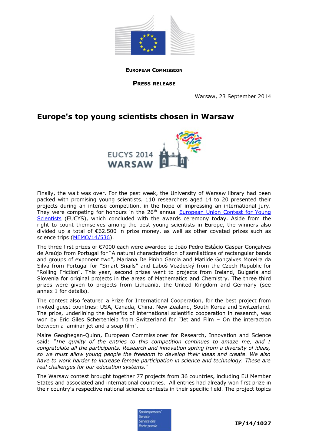 Europe's Top Young Scientists Chosen in Warsaw