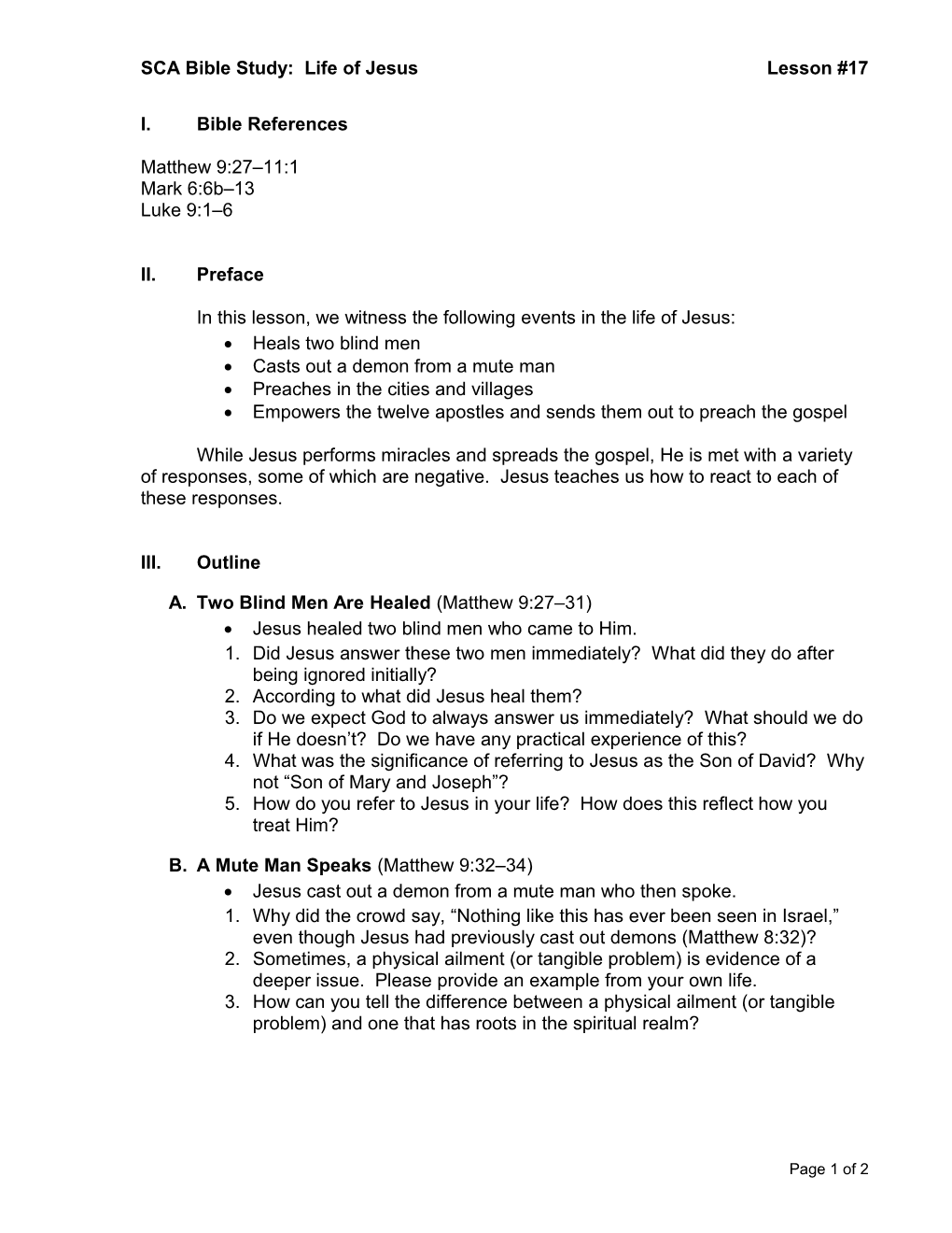 SCA Bible Study: Life of Jesuslesson #17