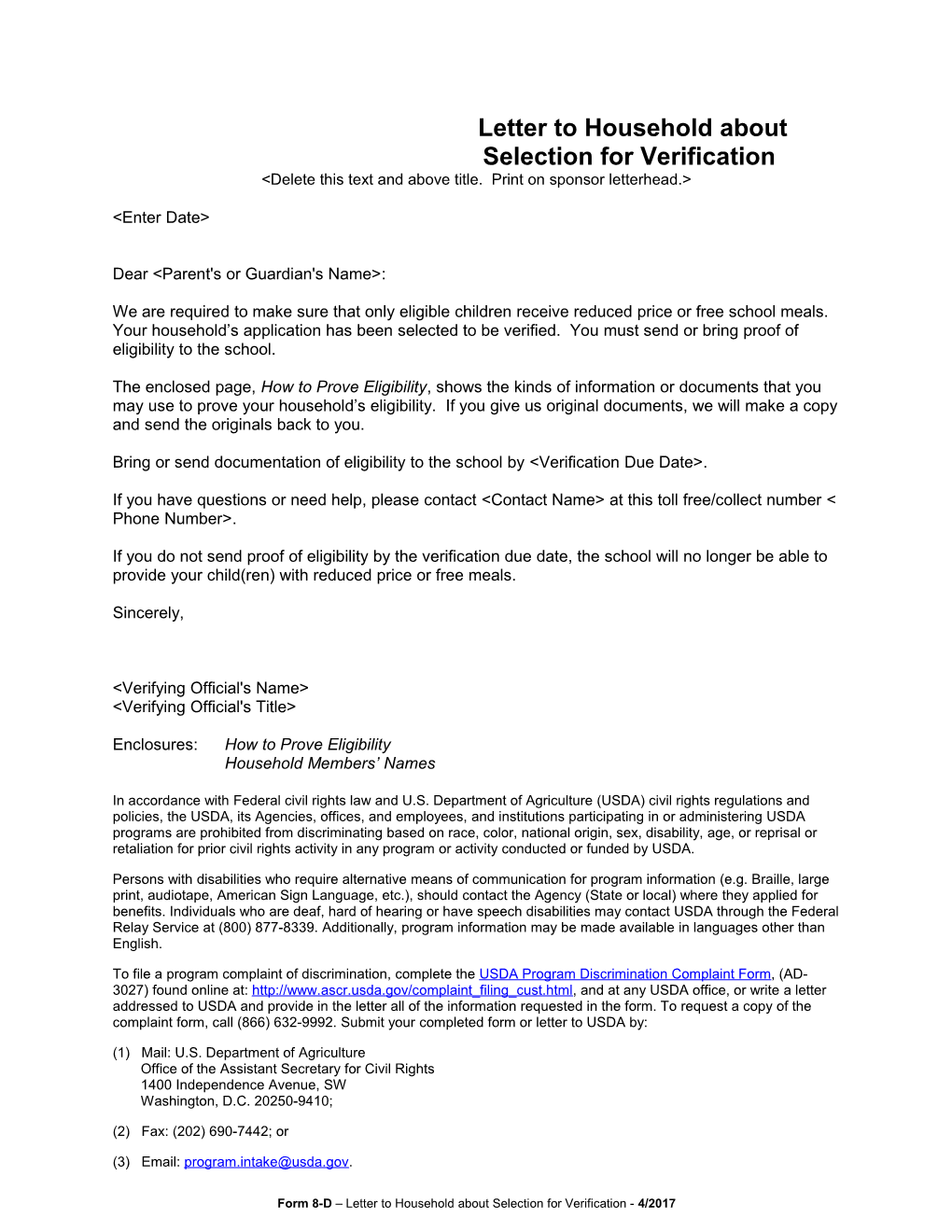 Letter to Household About Selection for Verification