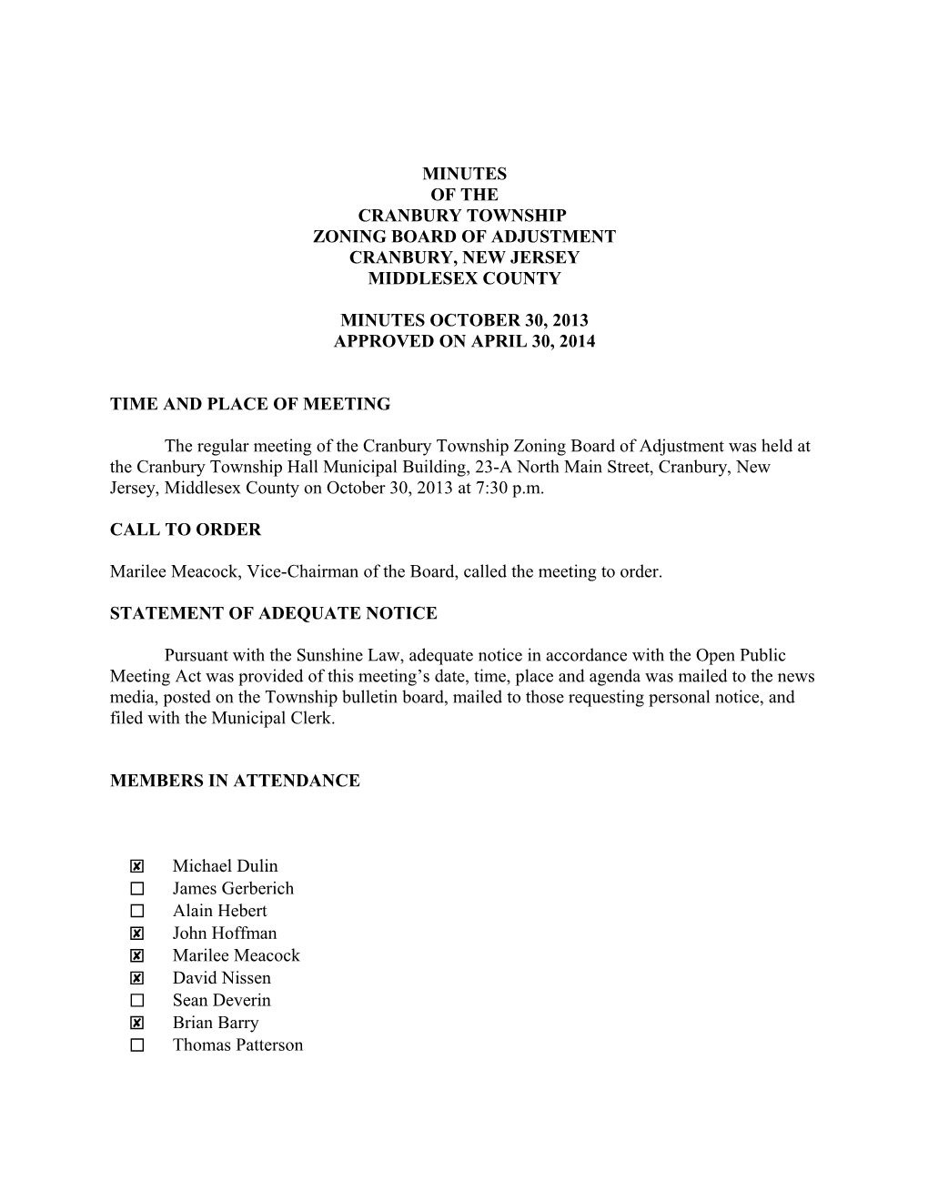Zoning Board of Adjustment Meeting