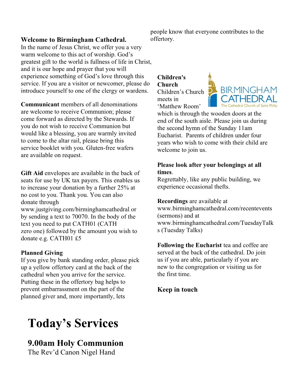 Birmingham Cathedral Notices REV 11/13