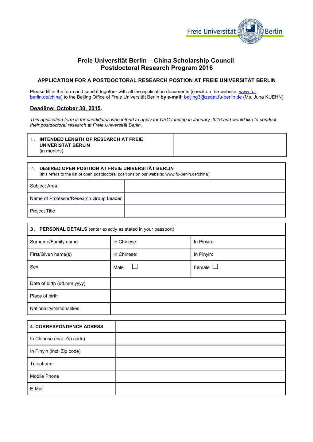 Application for Admission to Postdoctoral Research at Freie Universität Berlin