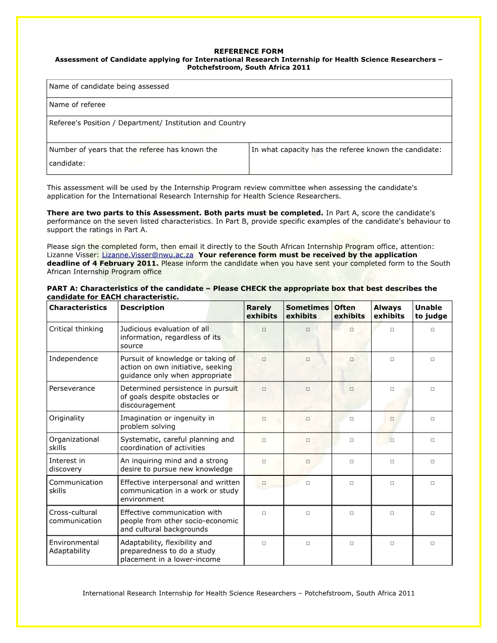 Reference Form Assessment of Candidates for the International Research Internship for Nurse