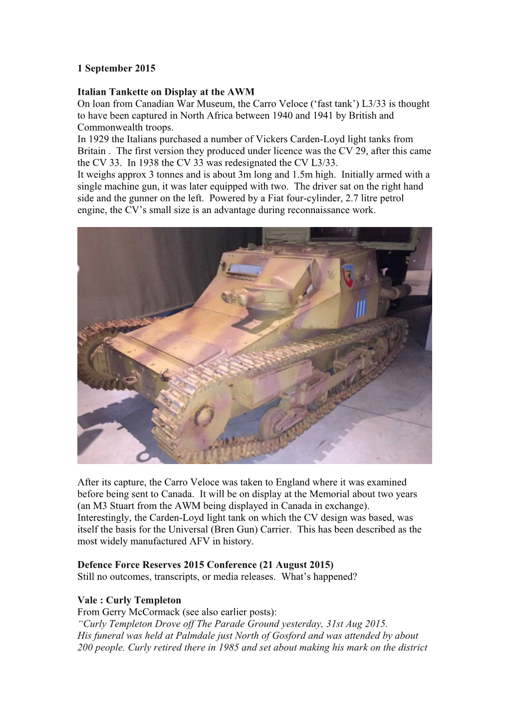 Italian Tankette on Display at the AWM