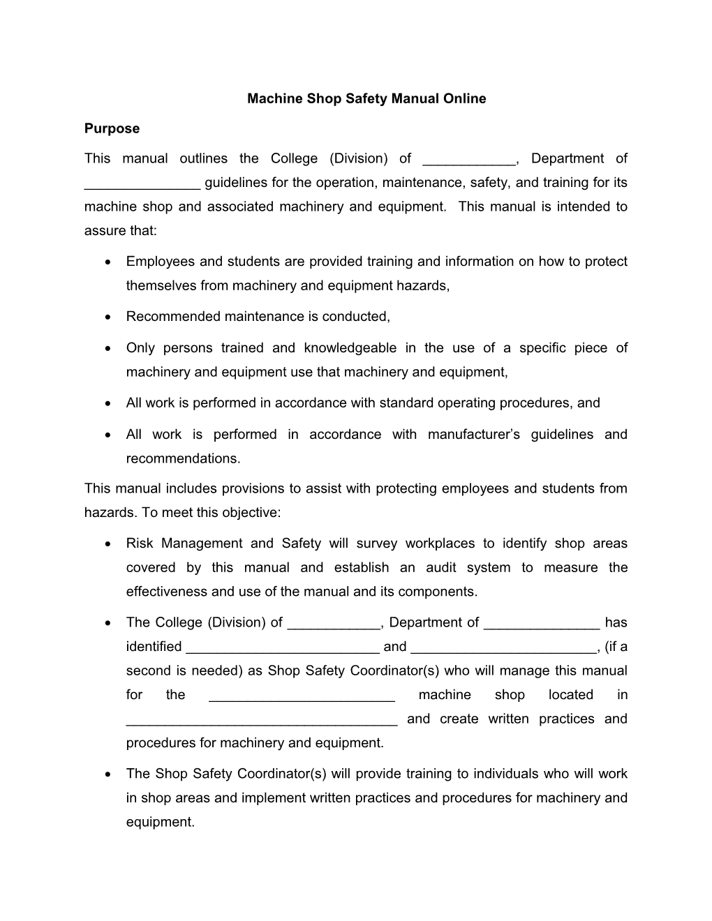 Machine Shop Safety Manual Online