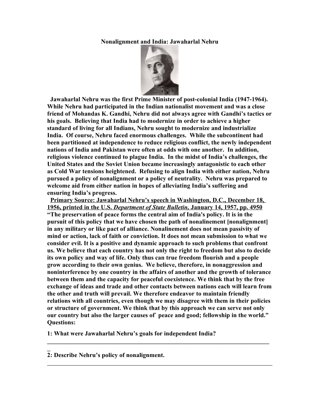 Nonalignment and India: Jawaharlal Nehru