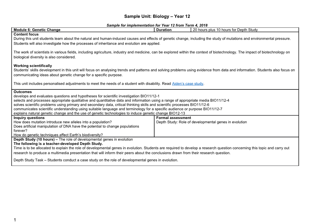 Sample for Implementation for Year 12 from Term 4, 2018