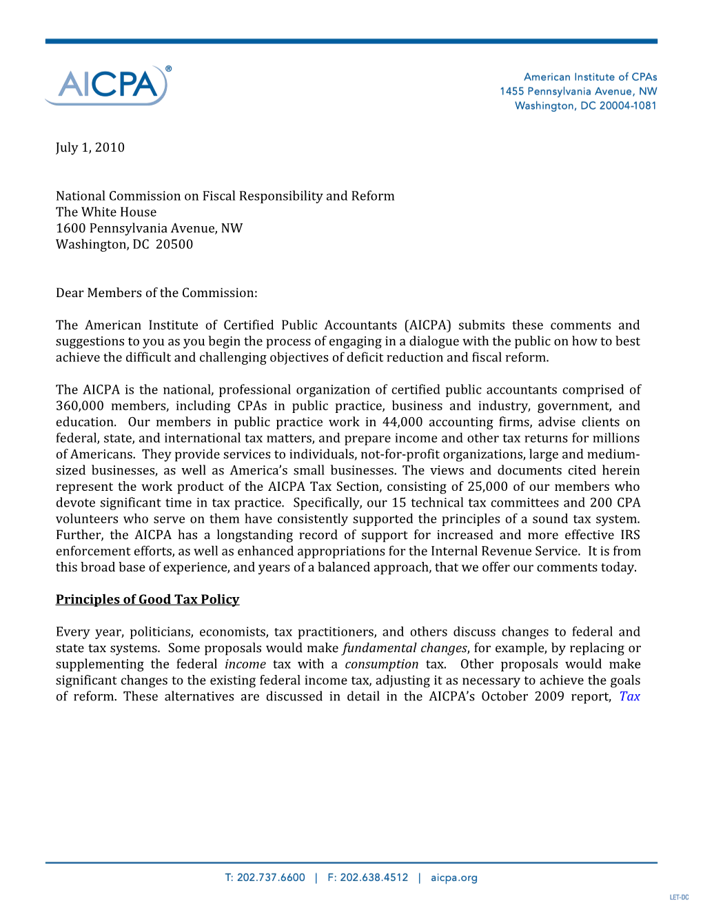 AICPA Letter to National Commission on Fiscal Responsibility and Reform