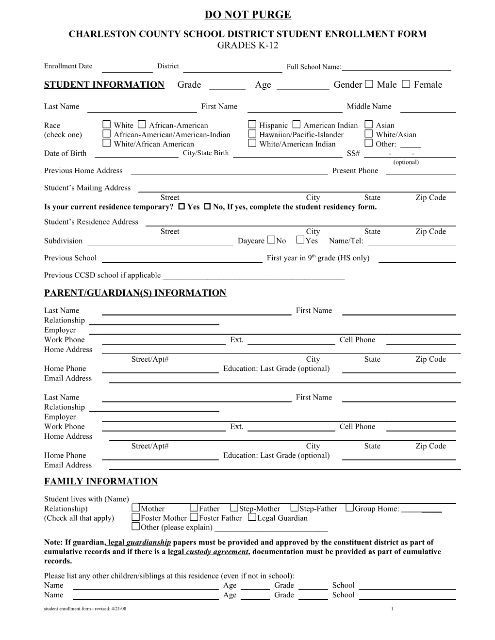 Charlestoncountyschool District Student Enrollment Form