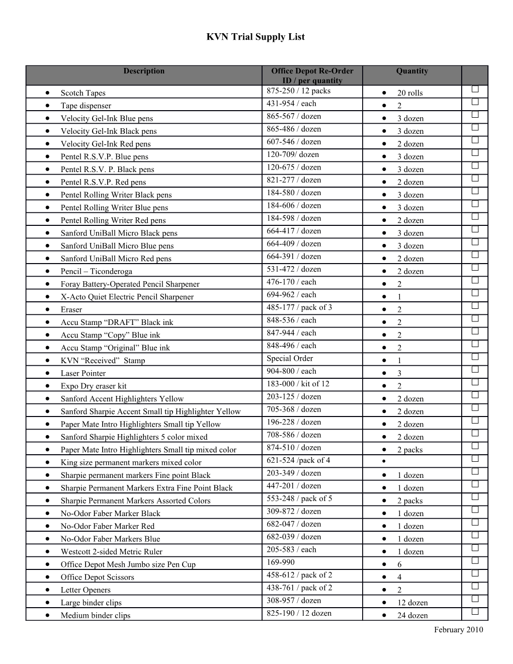 This Is the Supplies List Prepapre for KARATZ - 6 Weeks Trial
