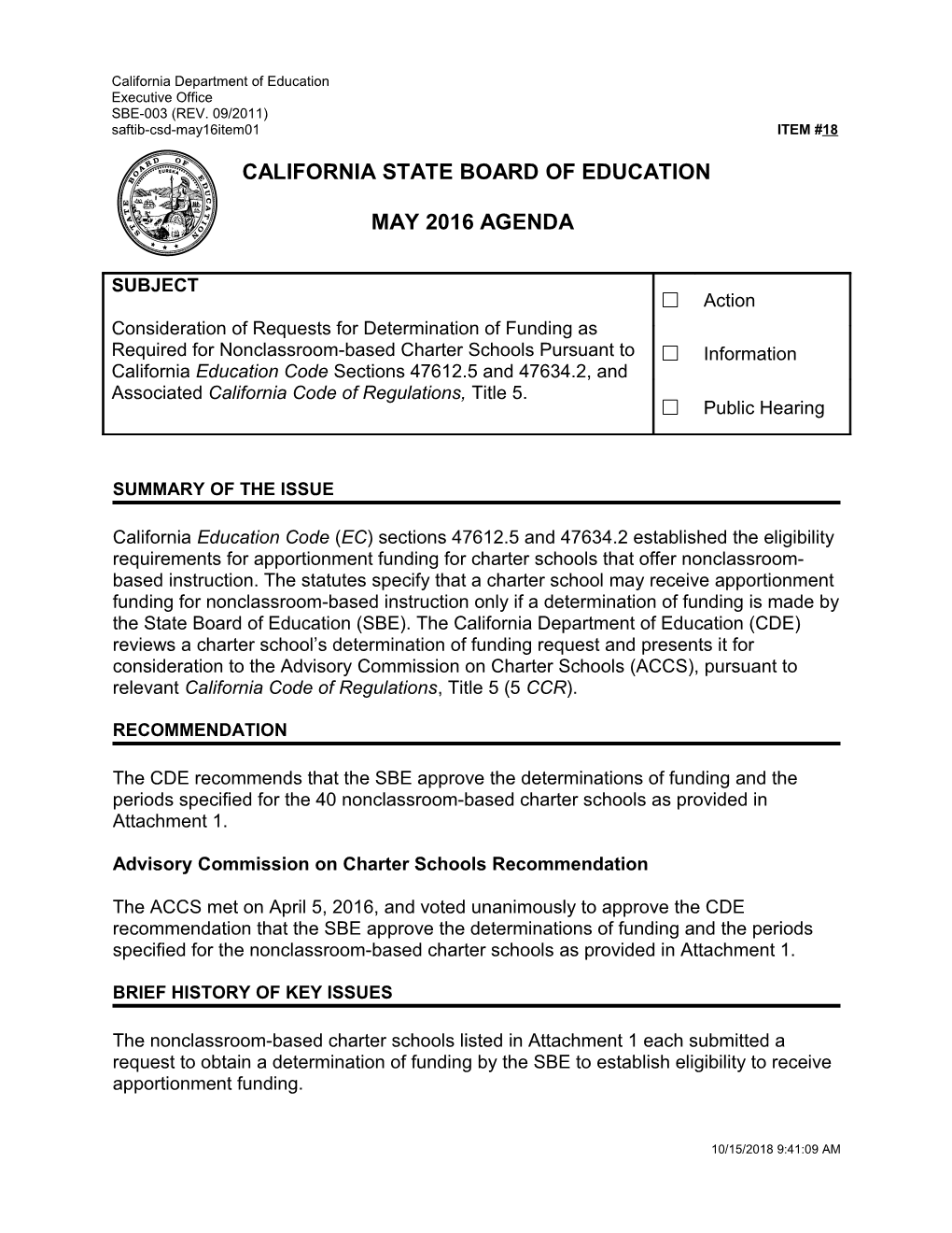 May 2016 Agenda Item 18 - Meeting Agendas (CA State Board of Education)