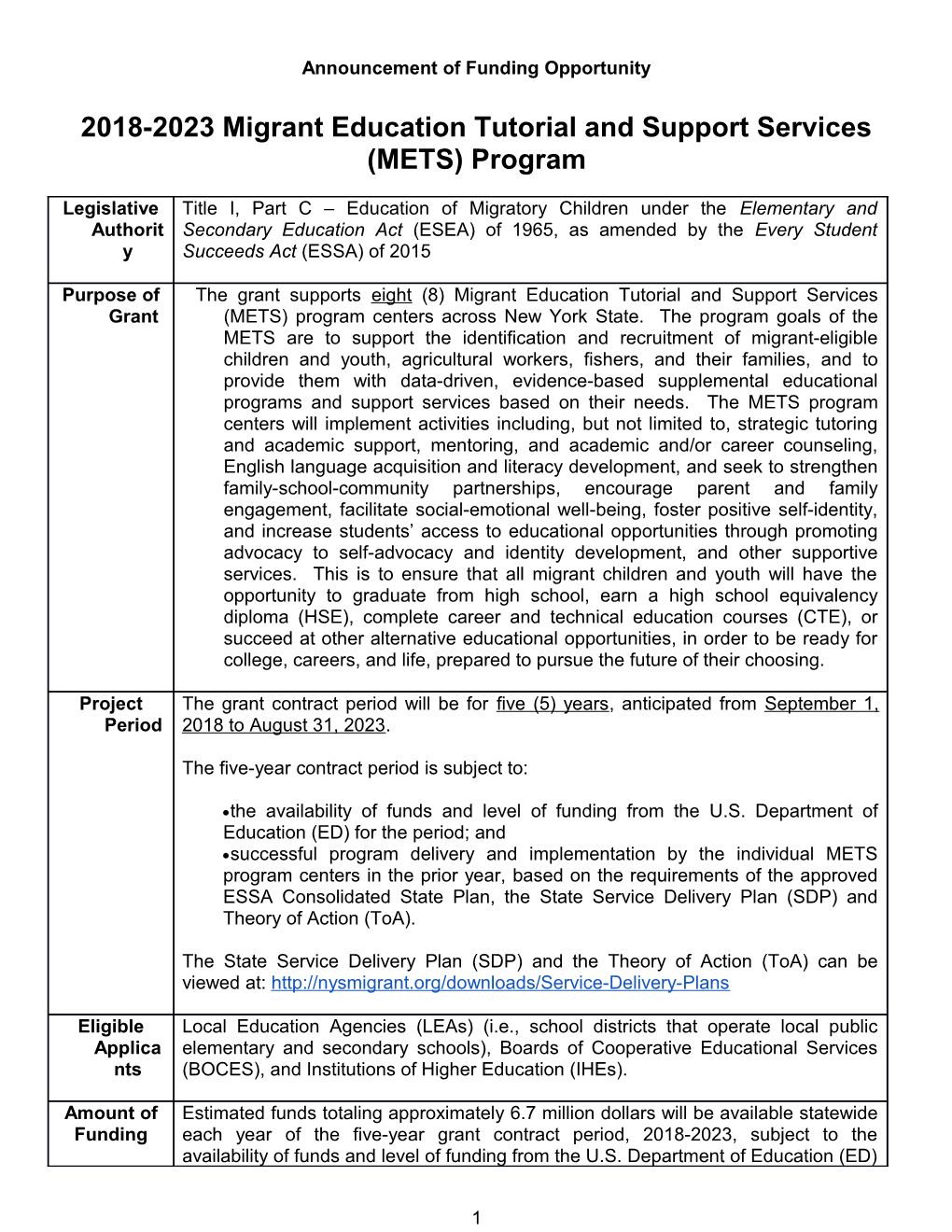 2018-2023 Migrant Education Tutorial and Support Services (METS) Program Grant