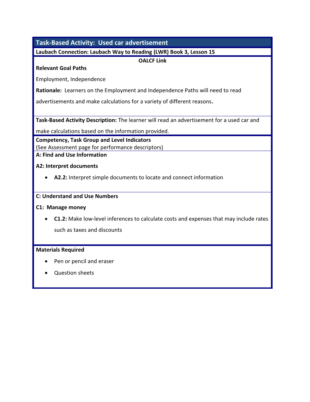 A2.2: Interpret Simple Documents to Locate and Connect Information