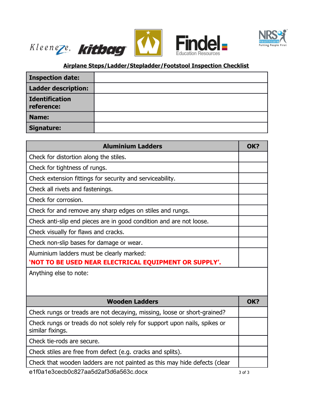 Ladder/Stepladder Inspection Checklist