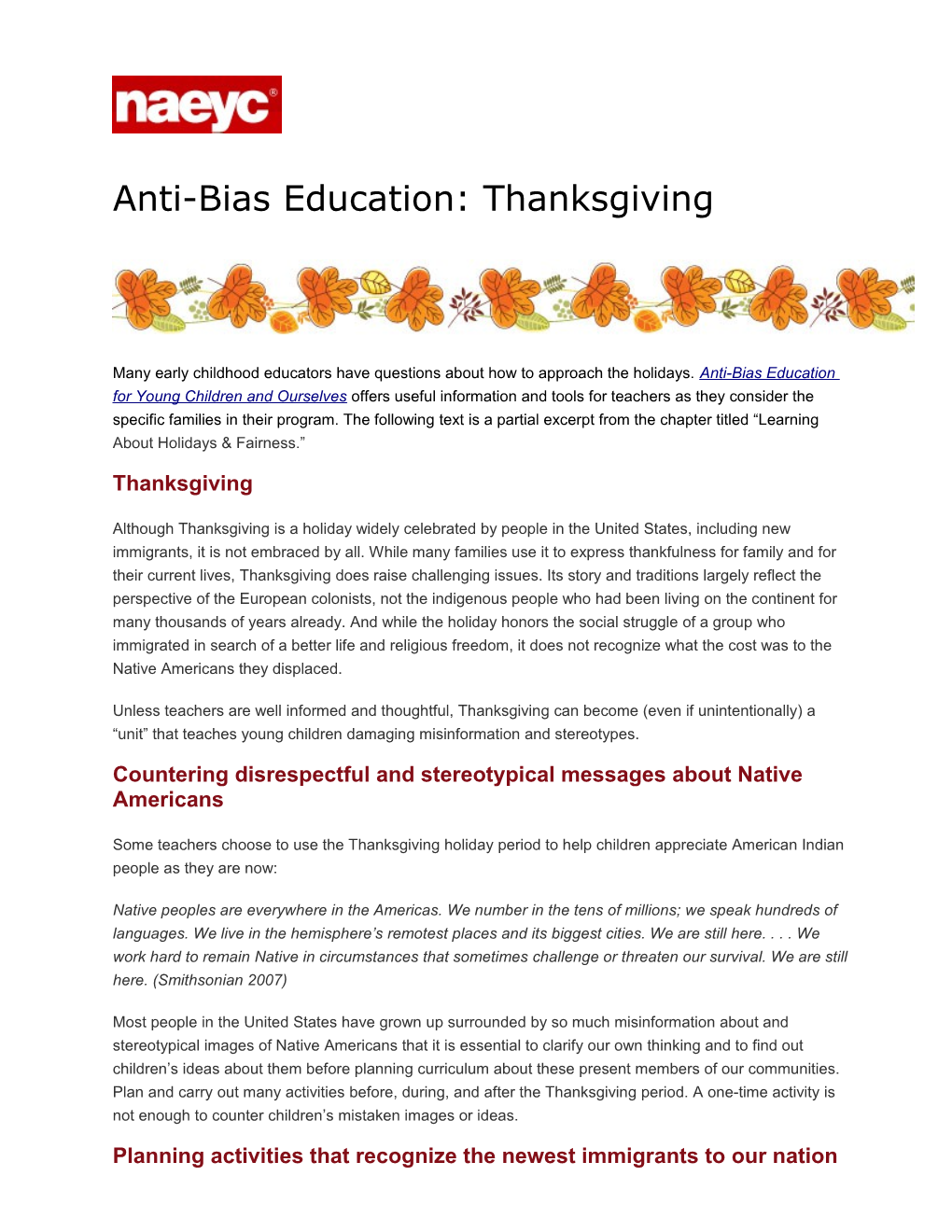 Anti-Bias Education: Thanksgiving