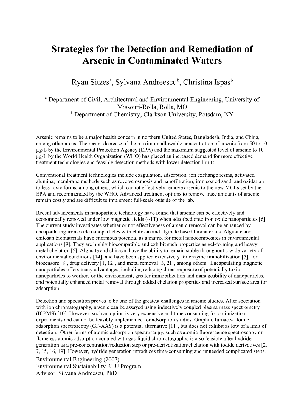 Strategies for the Detection and Remediation of Arsenic in Contaminated Waters