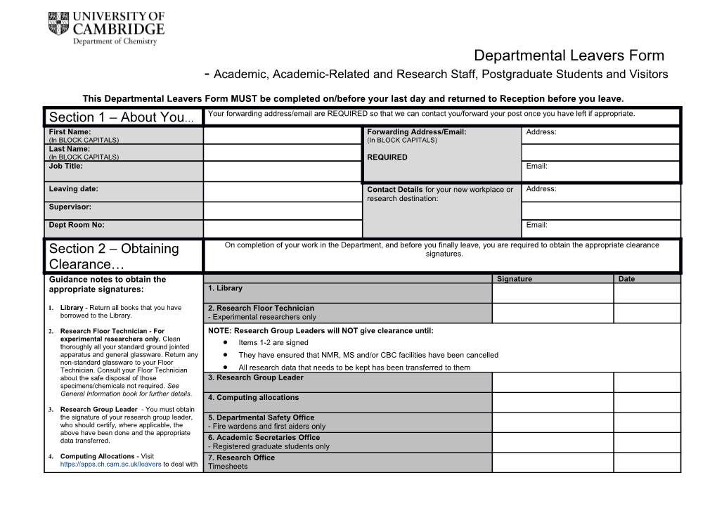 This Departmental Leavers Form MUST Be Completed On/Before Your Last Day and Returned