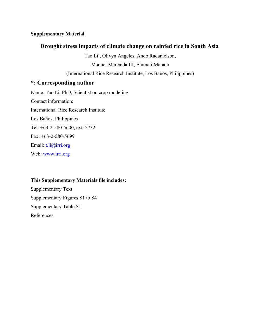 Drought Stress Impacts of Climate Change on Rainfed Rice in South Asia