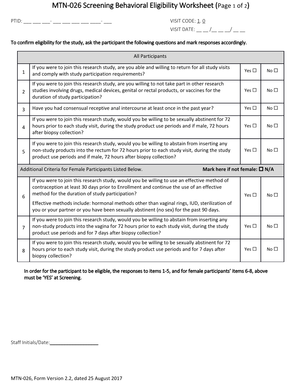 MTN-026 Screeningbehavioral Eligibility Worksheet (Page 1 of 2)