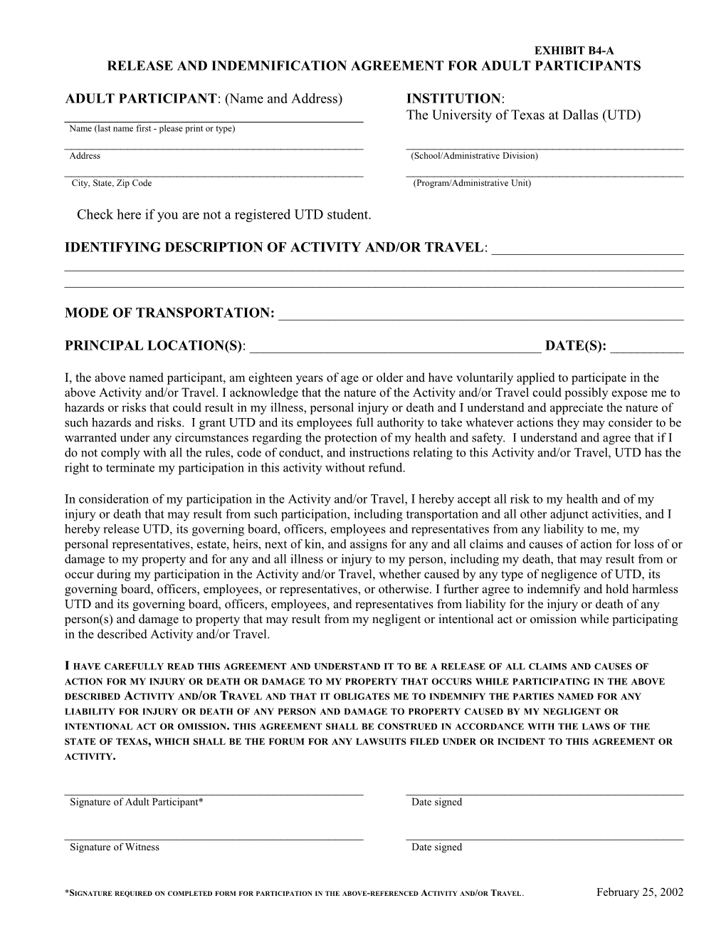 Release and Indemnification Agreement for Adult Participants