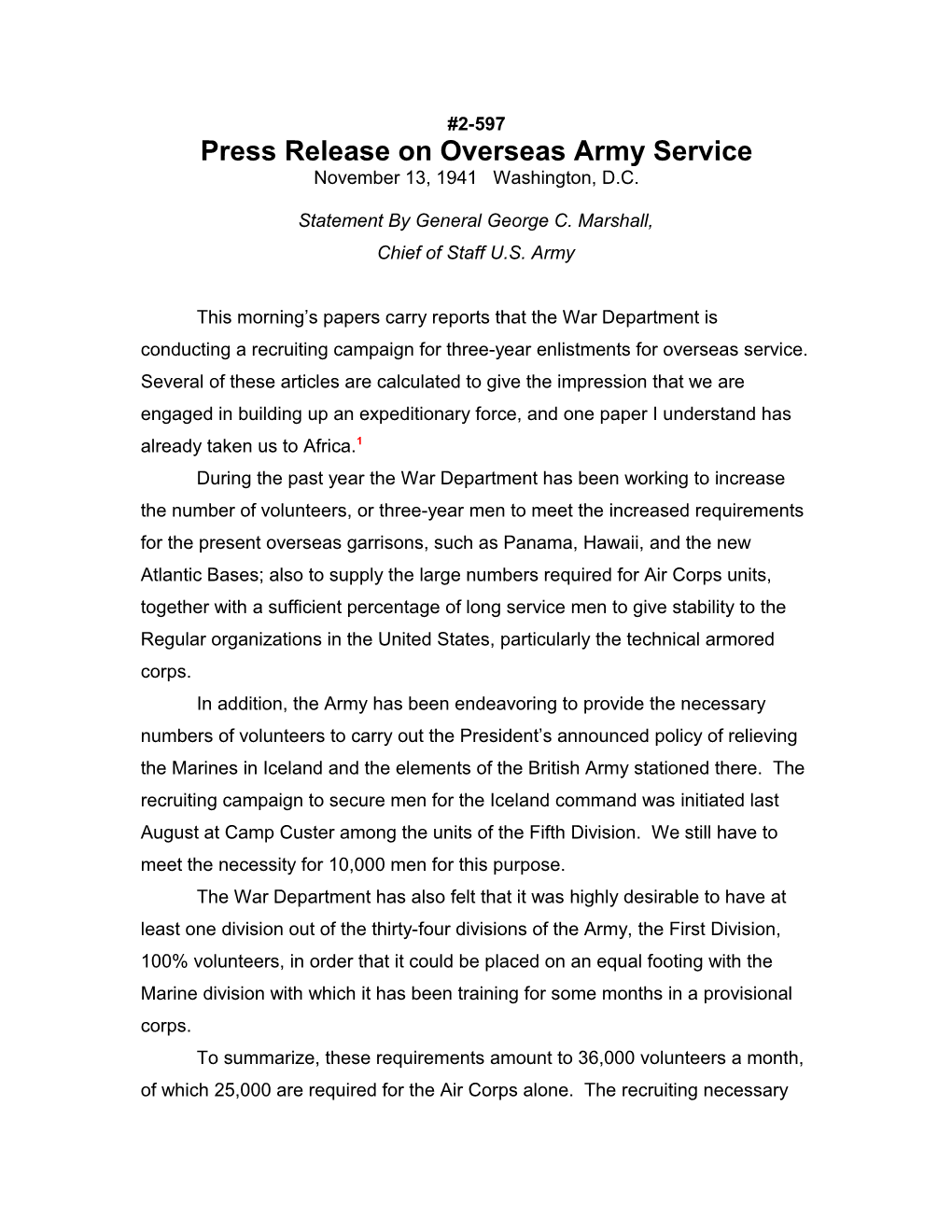 Press Release on Overseas Army Service