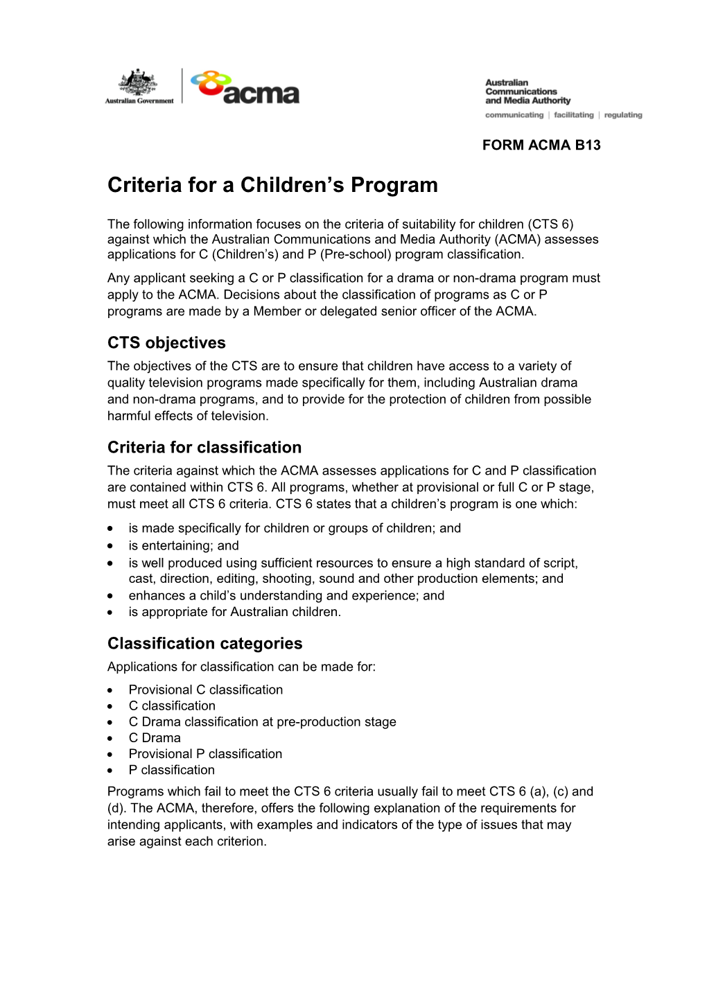 Form ACMA B13 - Criteria for a Children's Program