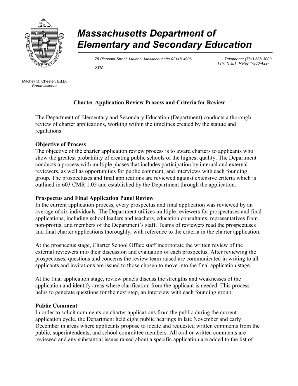 Charter Application Review Process and Criteria for Review, January 2012