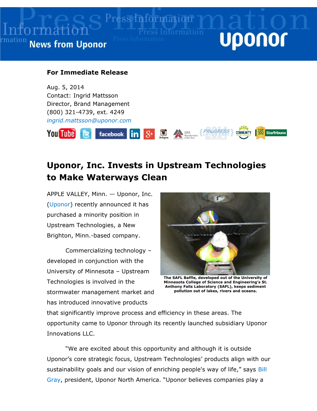 Uponor, Inc. Invests in Upstream Technologies to Make Waterways Clean