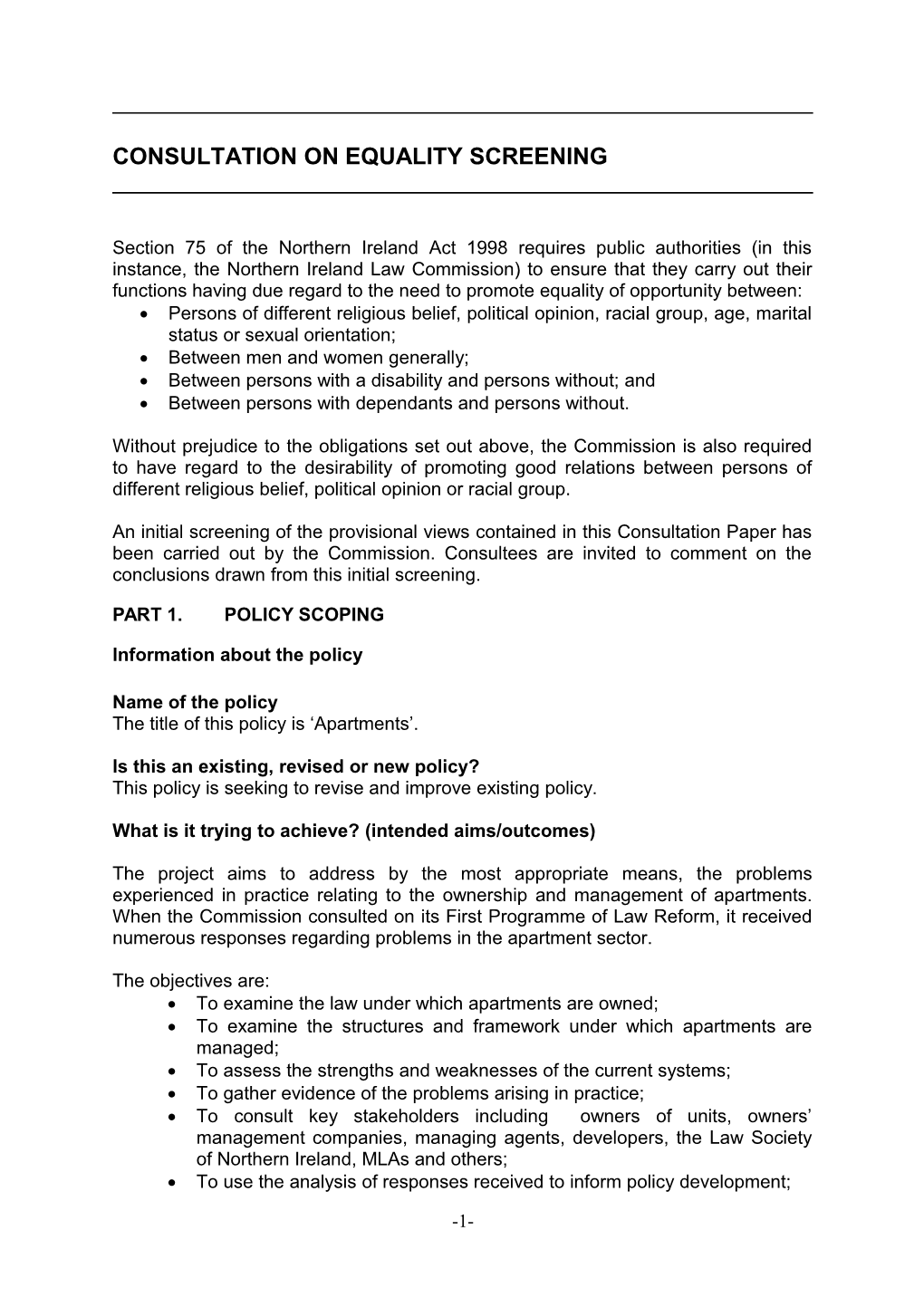 Section 75 of the Northern Ireland Act 1998 Equality Screening