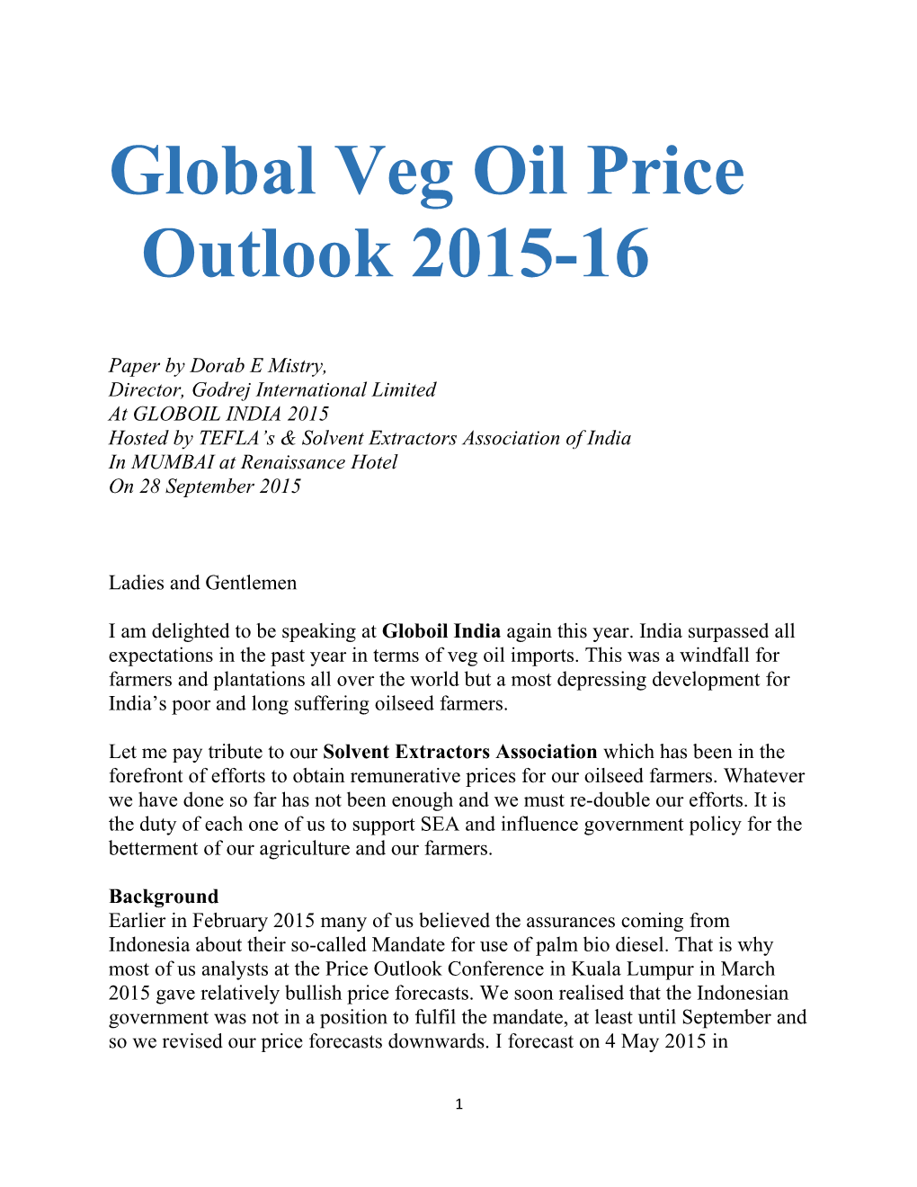 Global Veg Oil Price Outlook 2015-16