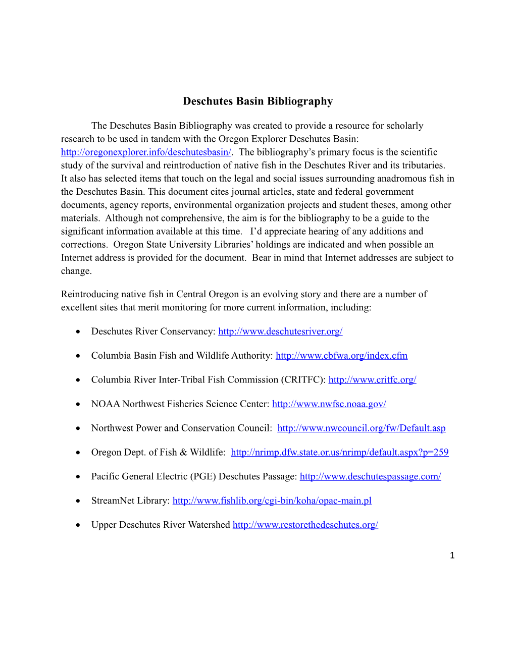 Deschutes Basin Bibliography
