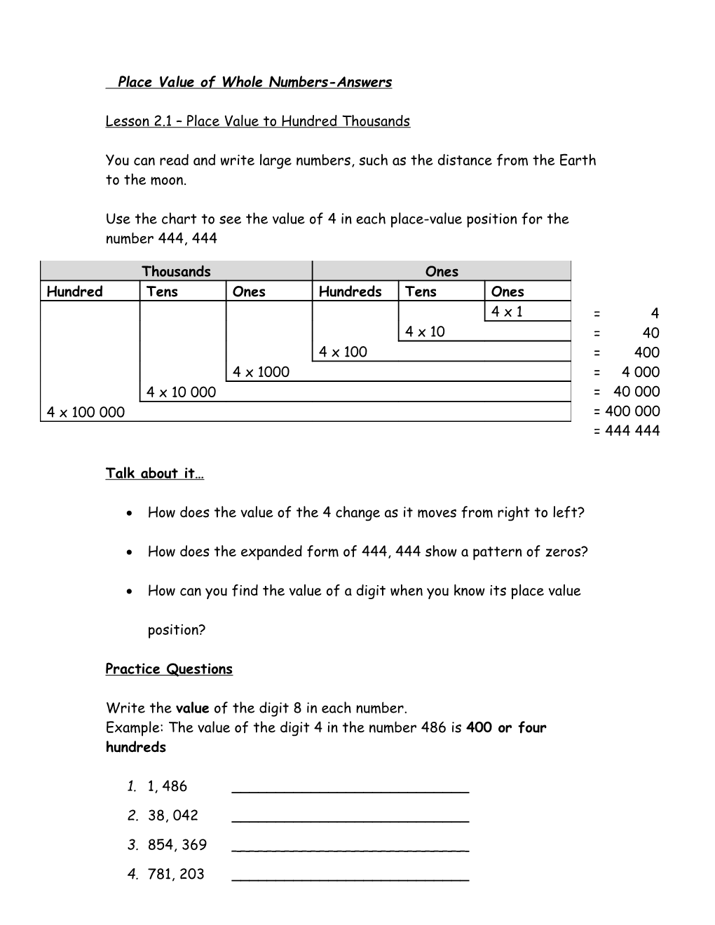 Place Value Practice Lesson 2