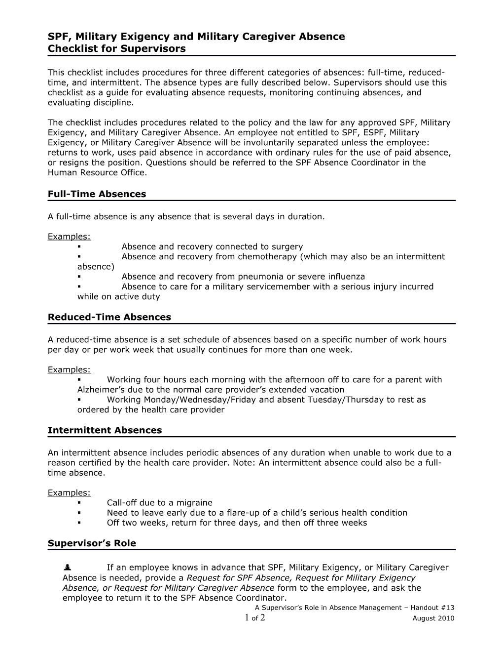 SPF, Military Exigency and Military Caregiver Absence Checklist for Supervisors