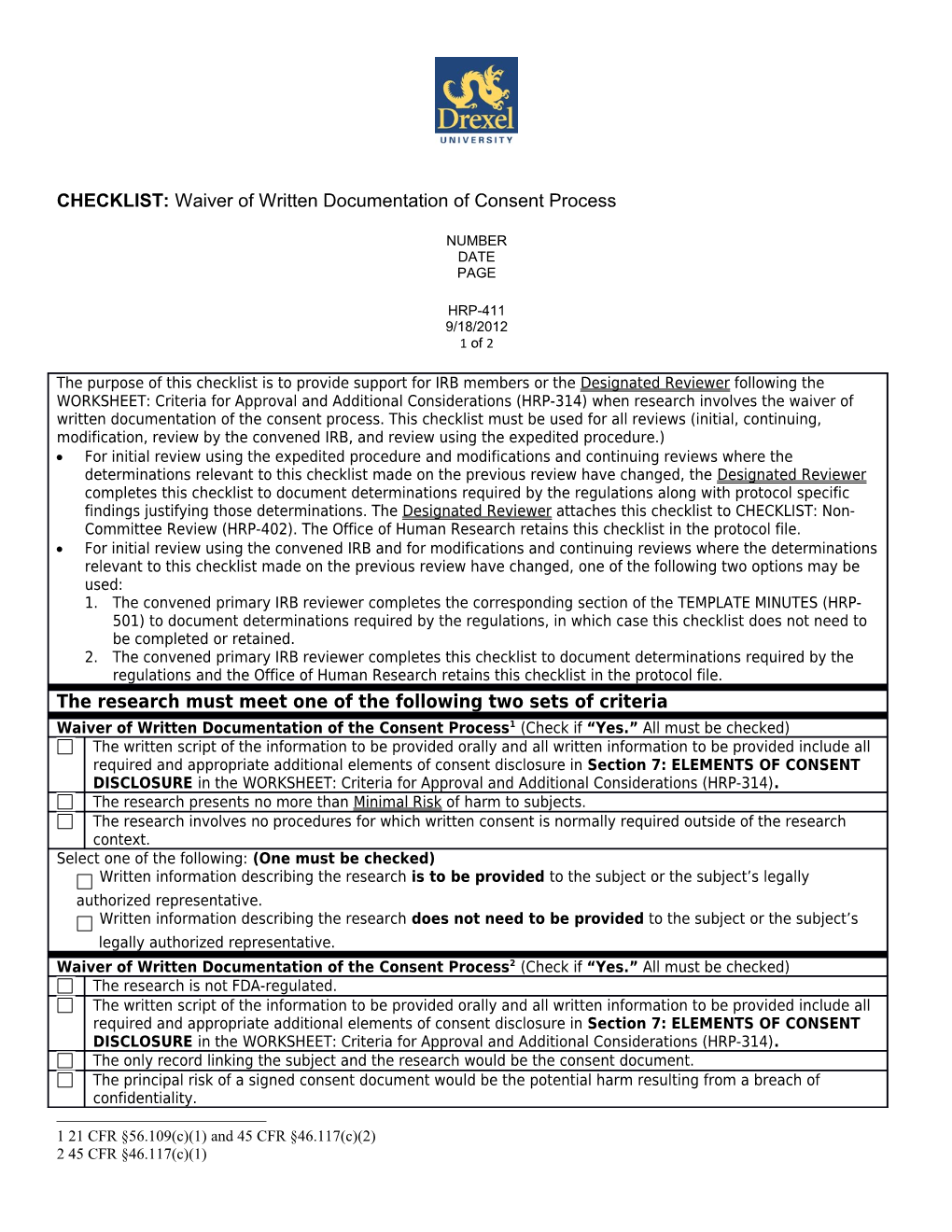 HRP-411 - CHECKLIST - Waiver of Written Documentation of the Consent Process