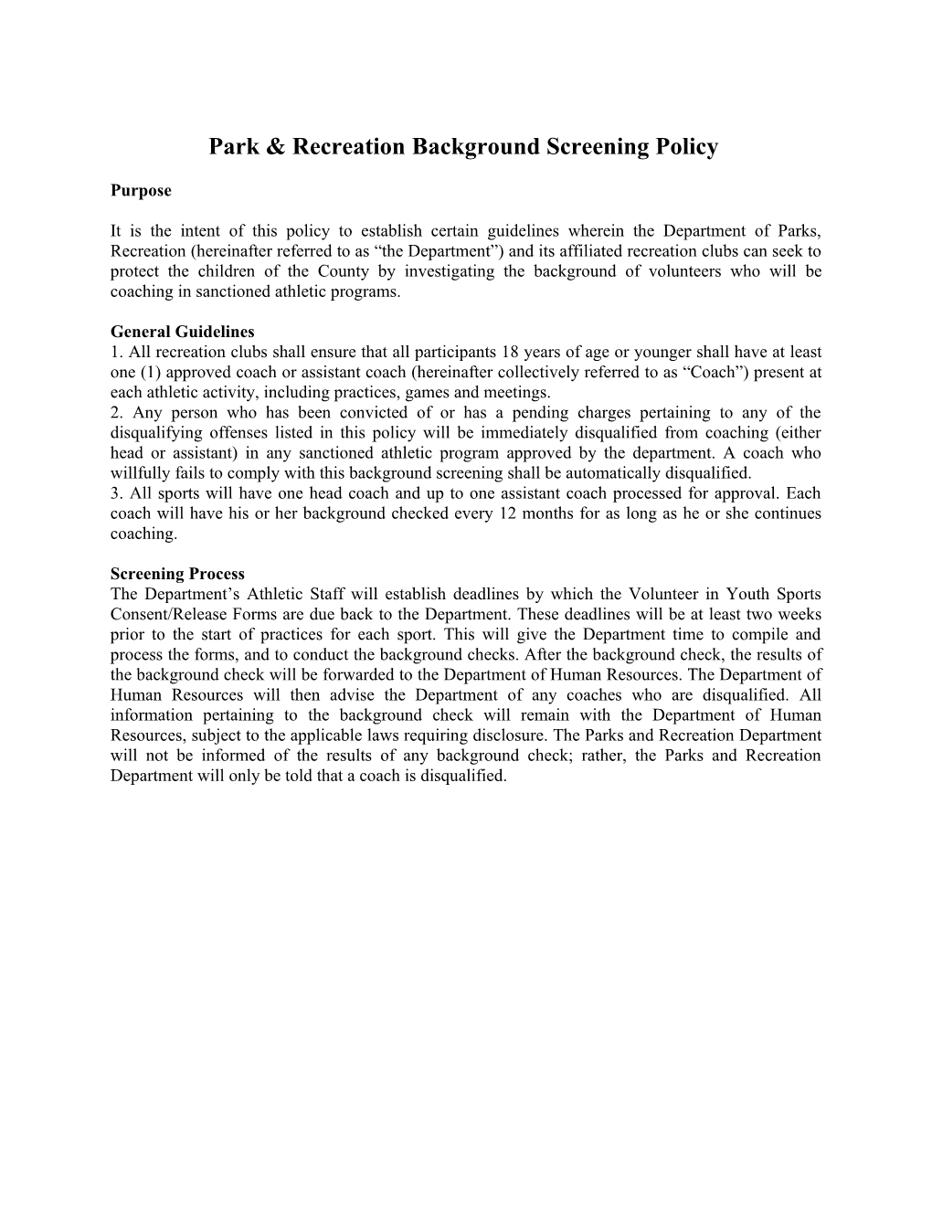 Park & Recreation Background Screening Policy