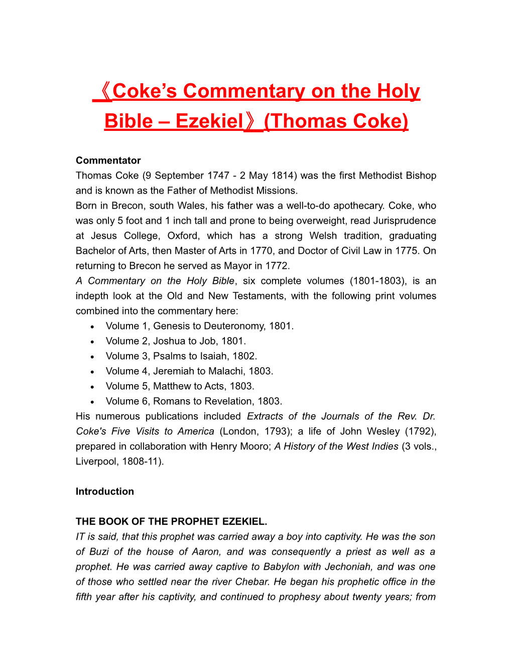 Coke S Commentary on the Holy Bible Ezekiel (Thomas Coke)
