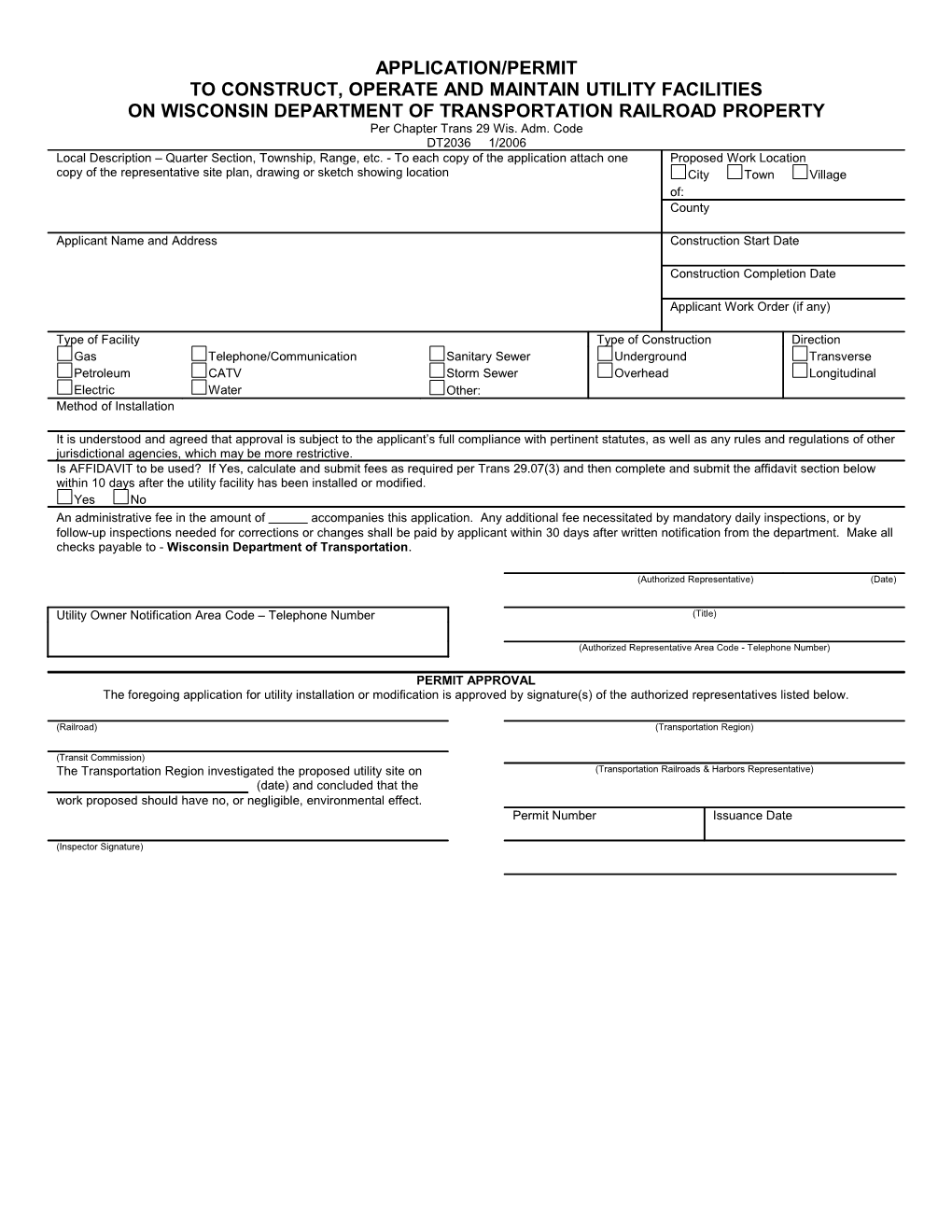 DT2036 Application/Permit to Construct, Operate and Maintain Utility Facilities on WDOT