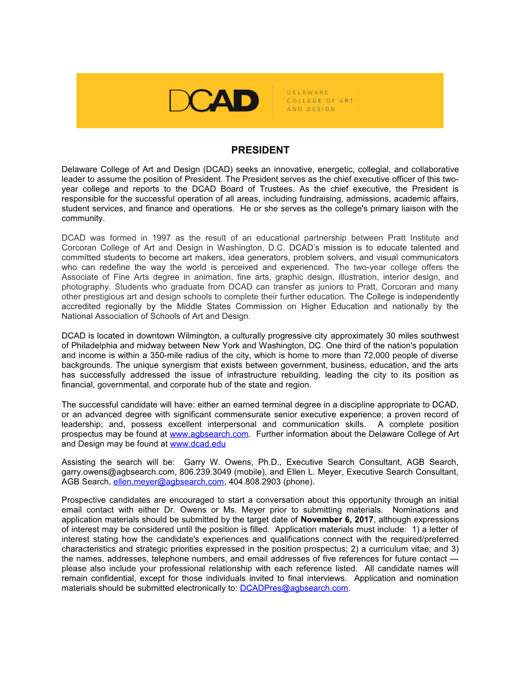 Delaware College of Art and Design (DCAD) Seeks an Innovative, Energetic,Collegial, And