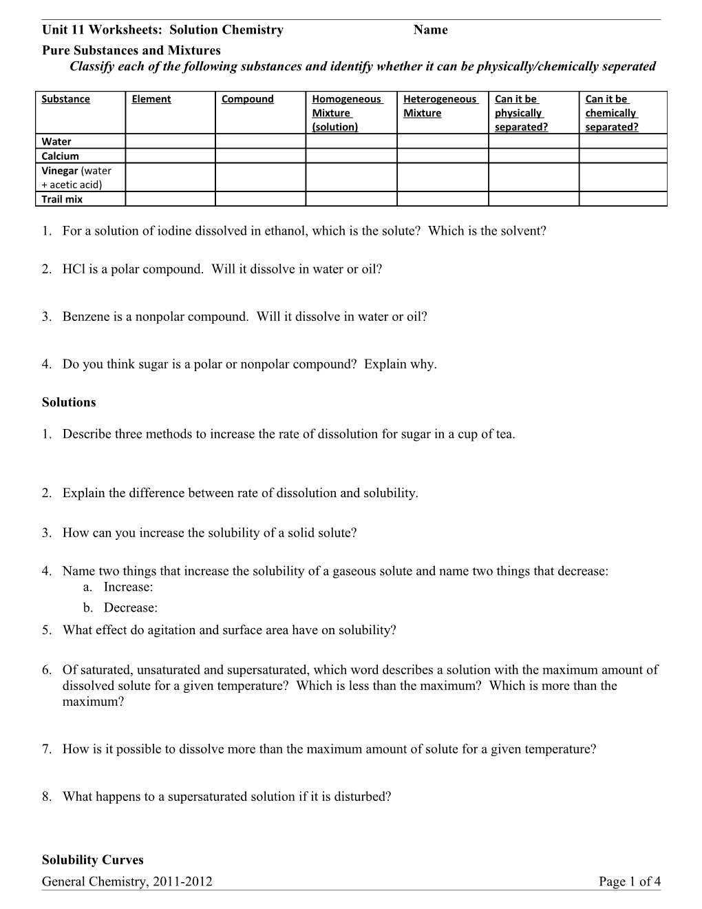 Unit 11 Worksheets: Solution Chemistry