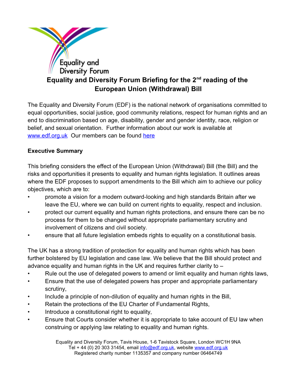 Equality and Diversity Forum Briefing for the 2Nd Reading of The