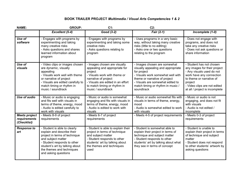 BOOK TRAILER PROJECT Multimedia / Visual Arts Competencies 1 & 2