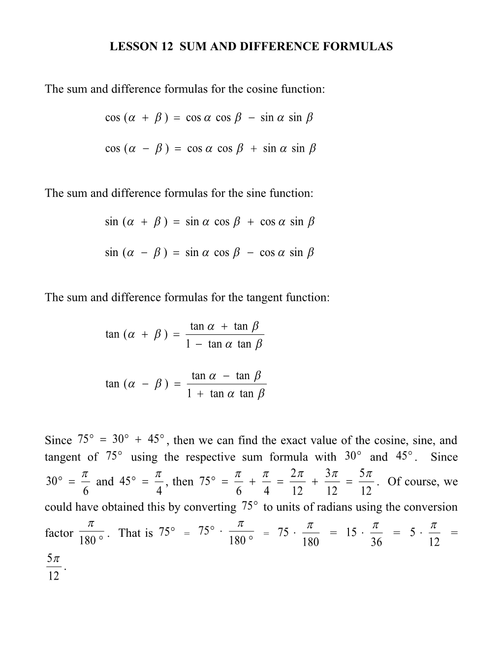 Lesson 12 Sum and Difference Formulas