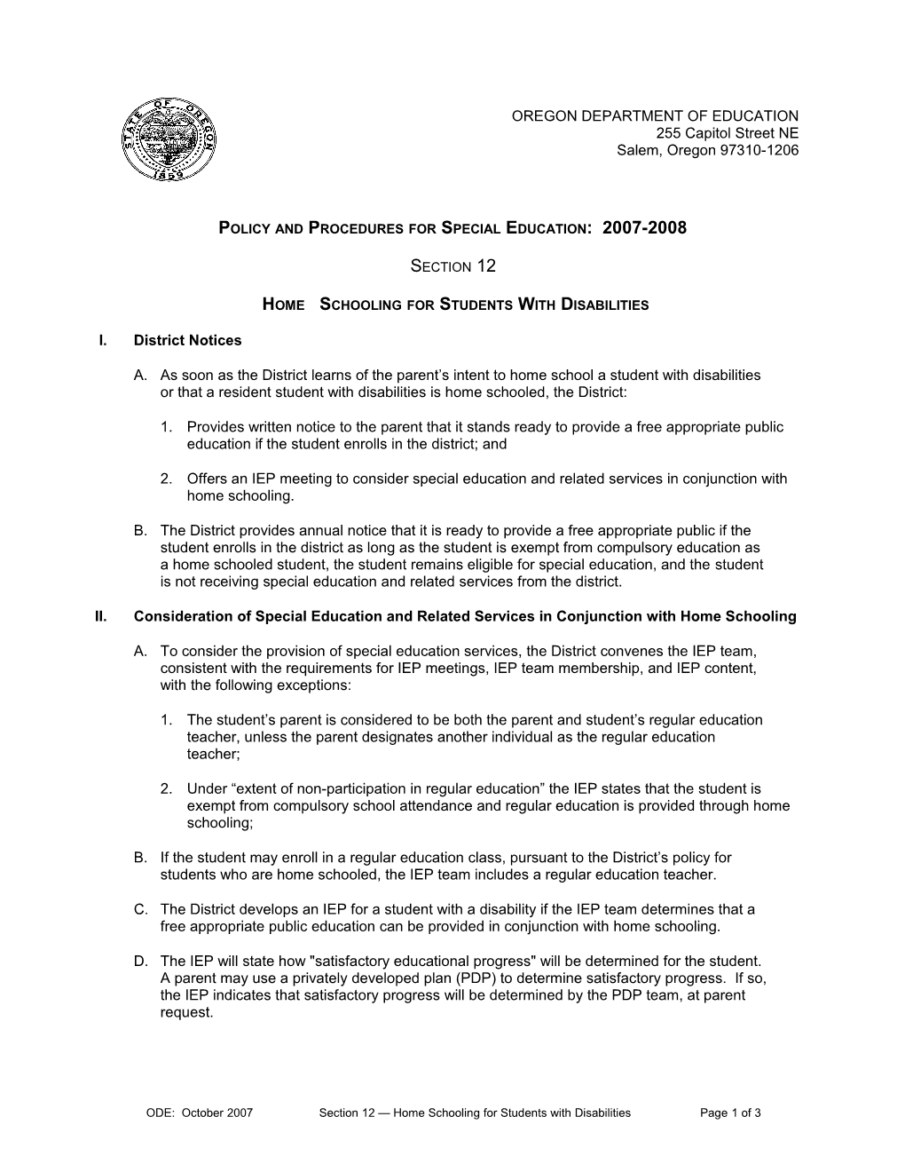 Policy and Procedures for Special Education: 2007-2008