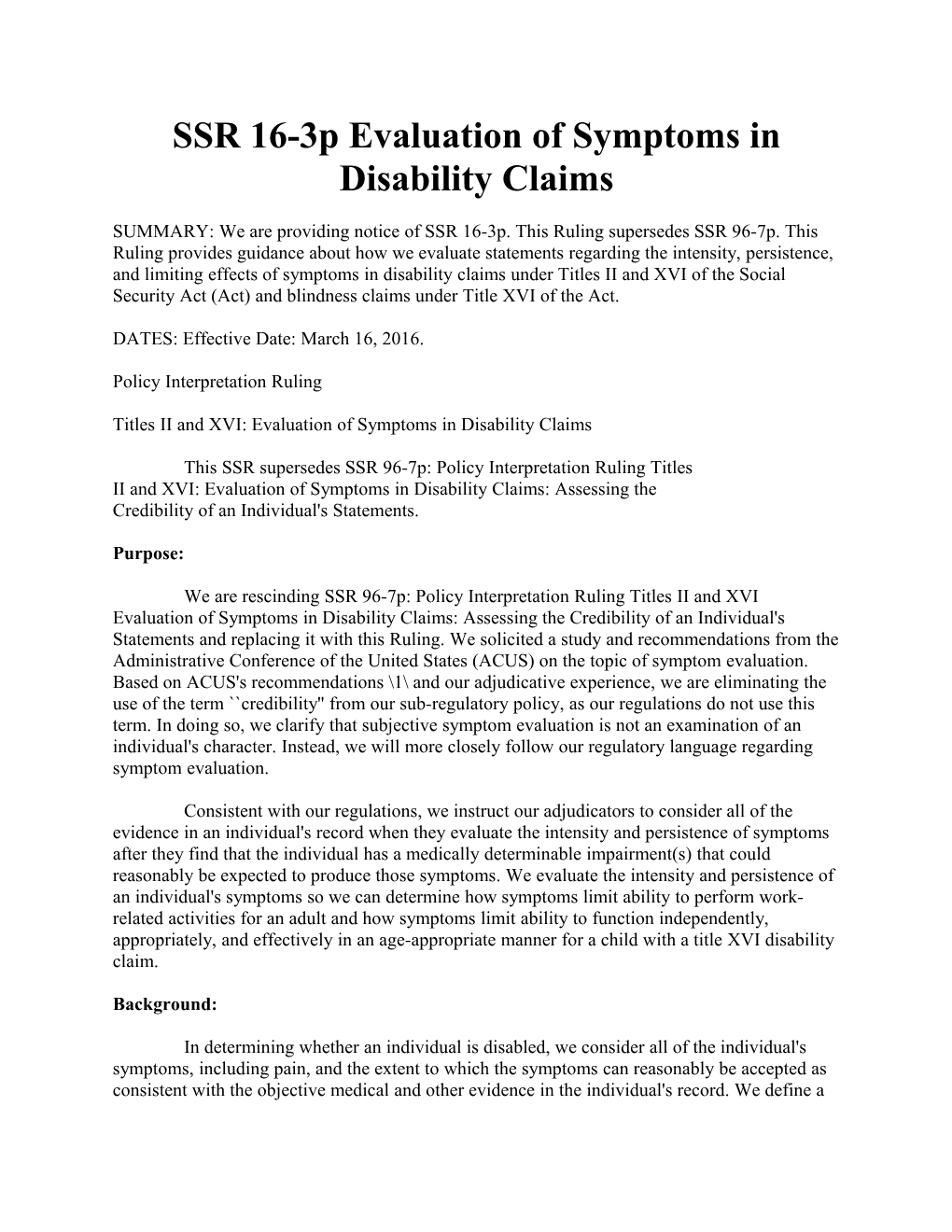 SSR 16-3P Evaluation of Symptoms in Disability Claims