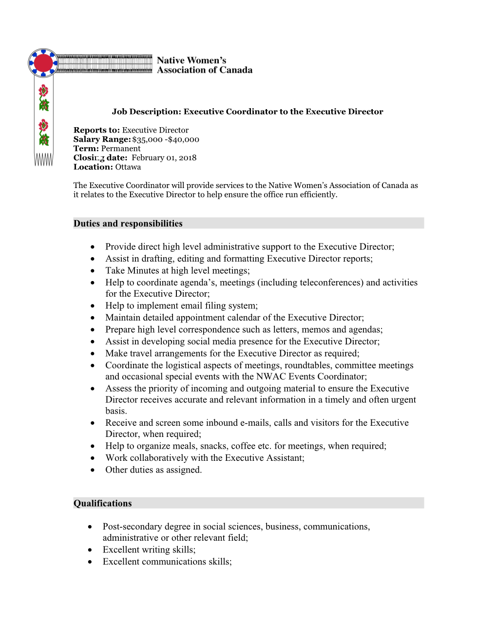 Job Description: Executive Coordinator to the Executive Director